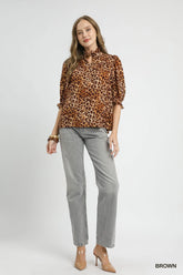Leopard Print Ruffle Neck Blouse With Plus Size Umgee